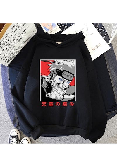 Anime Pain Kapşonlu Sweatshirt Siyah