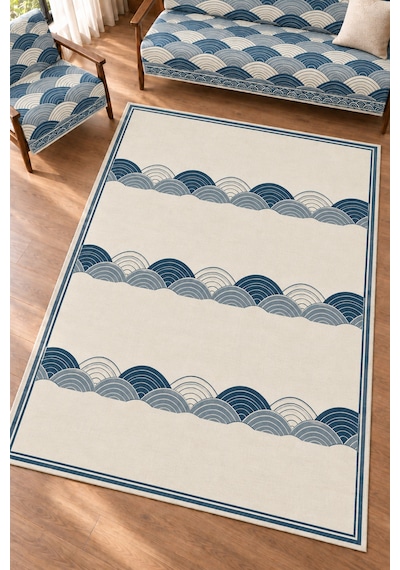 3 Lü Set 2 Adet 165x215 Cm Koltuk Örtüsü + 1 Adet 6m2 180x280 Cm Kaymaz Taban Dijital Baskılı Halı lacivert