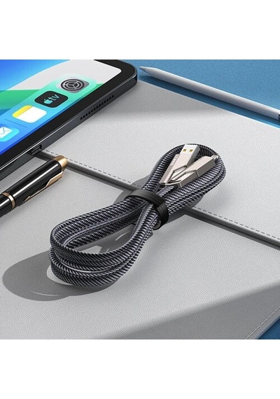2 İn 2 65w Usb Type-c Ve Lighting İle Uyumlu Örgülü Şarj Ve Data Kablosu - 1.5m Siyah Az-b10th Car Play Destekler