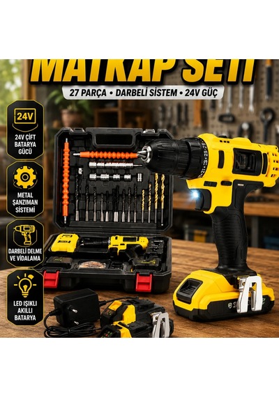 Profesyonel Darbeli Matkap Seti 24v Çift Bataryalı Metal Şanzımanlı 27 Parça Aksesuar Seti