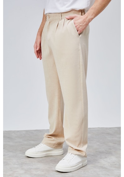 HLT Jeans Erkek Bej Çift Pileli Rahat Kesim Beli Lastikli Bol Paça Baggy Pantolon Albert-1991 Bej