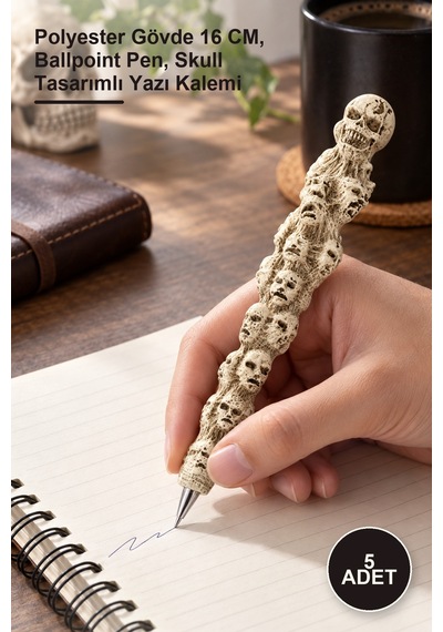 5 Adet Kurukafa Tükenmez Kalem Polyester Gövde 16 Cm, Ballpoint Pen, Skull Tasarımlı Yazı Kalemi -