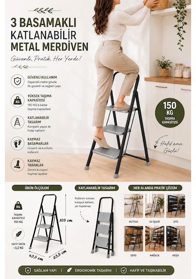 Perilla Class 3 Basamaklı Kaymaz Tabanlı Katlanır Metal Merdiven - Ekstra Güçlü 3 Basamak