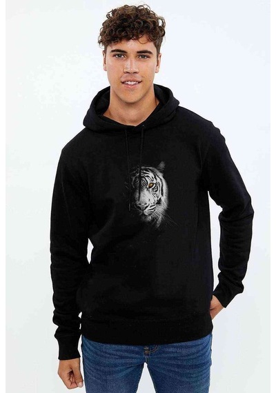 Siberian White Tiger Baskılı Siyah Erkek Örme Kapşonlu Sweatshirt