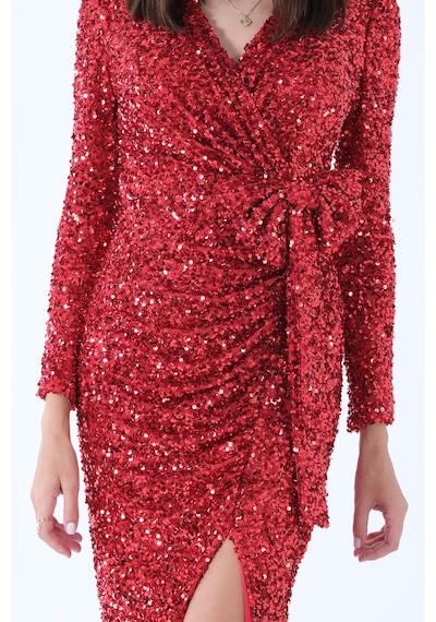 Feminist Kırmızı Beli Fiyonk Detaylı Pul Payetli Midi Boy Abiye 9705833