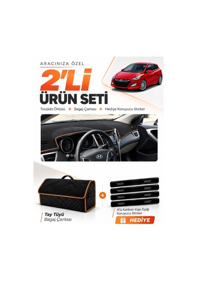 Hyundai İ30 2012-2016 Uyumlu Torpido Örtüsü + Tay Tüyü Bagaj Çantası + Sticker - Siyah Kahverengi