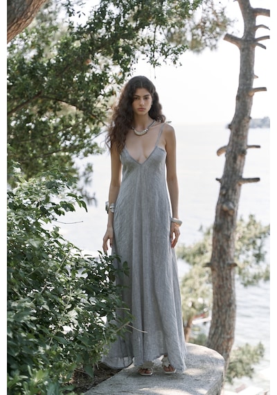 Mai Collection Mai Studios Co. Cinas Askılı Uzun Füme Keten Elbise Füme