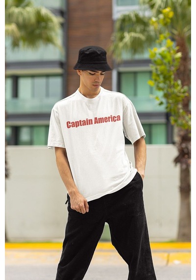 Kaptan Amerika Kalkan Baskılı Unisex Oversize Avengers Marvel Tiş Beyaz