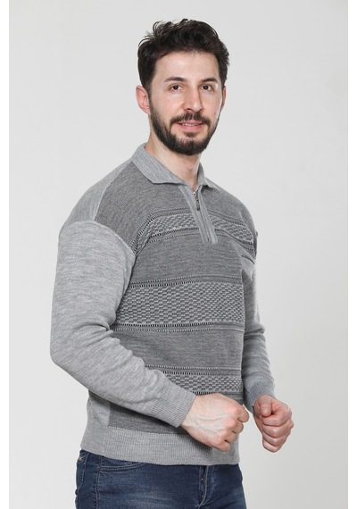 Kzc Tekstil Erkek Baba Orta Yaş Ve Üzeri Triko Örgü Akrilik Kışlık Regular Fit Cepli Fermuarlı Polo Yaka Kazak Açık Gri