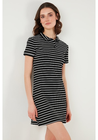 Lela Çizgili Slim Fit Mini Boy Düğmeli Polo Yaka Kısa Kollu Bayan Elbise 5866151 Siyah-Beyaz