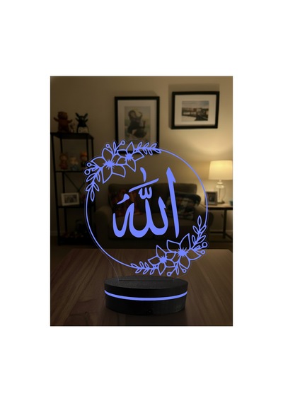 Allah Ve Vav Temalı 3d Dekoratif Led Gece Lambası - Çiçekli Modern Hat Sanatı - İslami Hediye