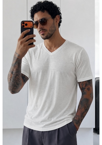 Tarz Cool Erkek Flamlı Pamuklu V Yaka Basic Slim Fit Tişört Yazlık Günlük Şık Tişört Beyaz
