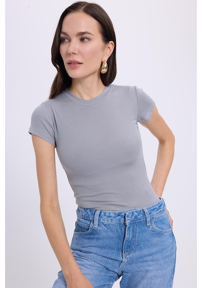 Tudors Kadın Slim Fit Dar Kesim Bisiklet Yaka Viskon Kumaş Ultra Soft Gri Tişört-34856 Gri