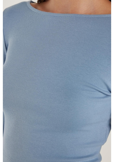 Tudors Kadın Slim Fit Dar Kesim Modal Kumaş Uzun Kollu Bisiklet Yaka Açık Mavi Bluz-34625 Açık Mavi