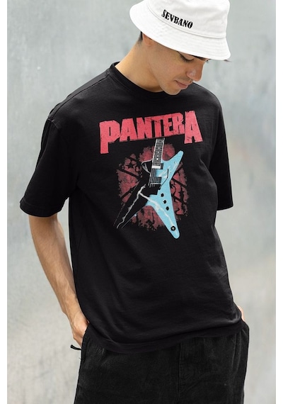 Gitar Pantera Müzik Grubu Baskılı Unisex Oversize Tişört Siyah