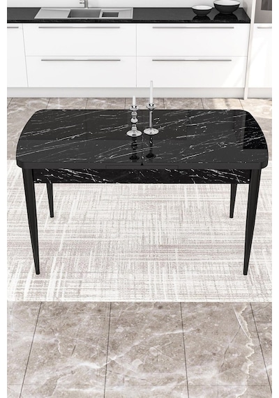 Canisa Kor Serisi 70x114 MDF Açılabilir Mutfak Masası Takımı Siyah Mermer Desen Masa 6 Siyah Sandalye Canisa Kor Serisi 70x114 MDF Açılabilir Mutfak Masası Takımı Siyah Mermer Desen Masa 6 Siyah Sandalye