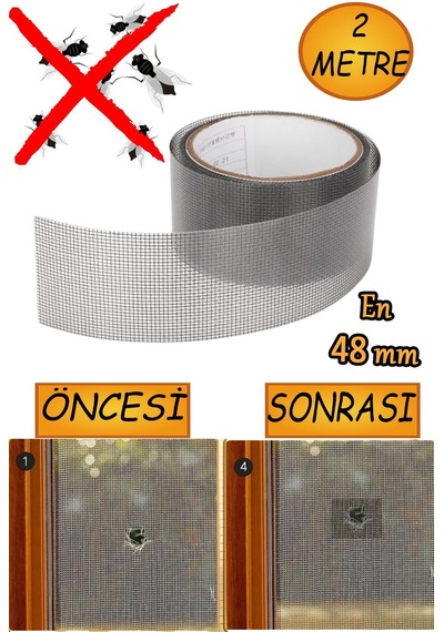 Yapışkanlı Sineklik Tülü Tamir Bandı Yırtık Kopmuş Delik Fiber Tül Yapıştırma Siyah 48 Mm X 2 Metree