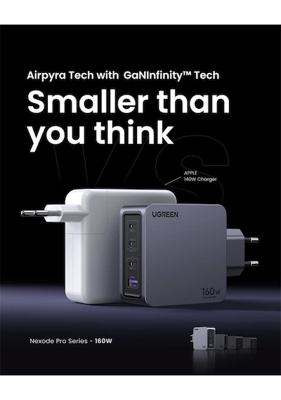 Ontech - Ugreen Nexode Pro 160w Gan Hızlı Şarj Cihazı 100w Kablolu Type-c Qc Pd 3xusb-c 1xusb-a Gri -