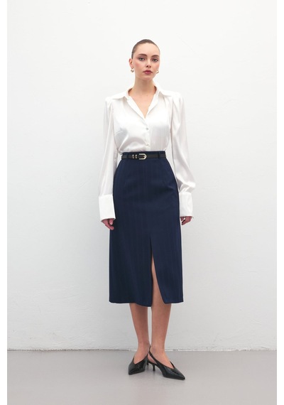 Sateen Anna Yırtmaçlı Etek - Lacivert-137175 Lacivert
