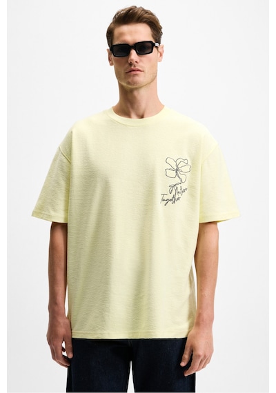 Grımelange OURFLOW Erkek Nakış Detaylı %100 Organik Pamuk Bisiklet Yaka Kısa Kollu Oversize Sarı T-Shirt