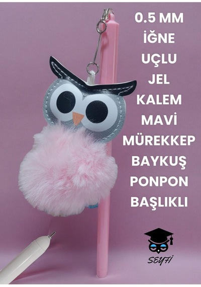 0.5 Mm İğne Uçlu Jel Tükenmez Kalem Mavi Mürekkep Baykuş Ponpon Başlıklı Pembe