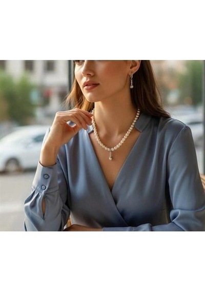 Taş Detaylı İnci 2'li Kolye Ve Küpe Seti Gümüş 65600320