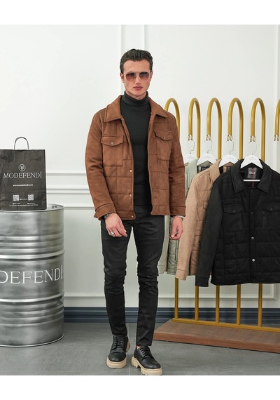 Modefendi Yüksek Kalite Desenli Yarım Oversize Nubuk Mont Kahverengi