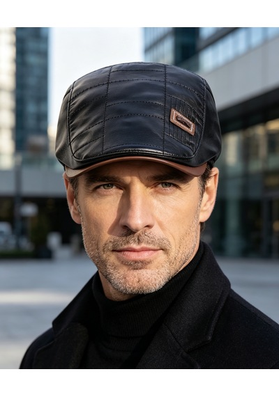 Erkek Suni Deri Gözlük Şapkası Kare Dikiş Detaylı Ayarlanabilir Flat Cap 3 Renk Siyah