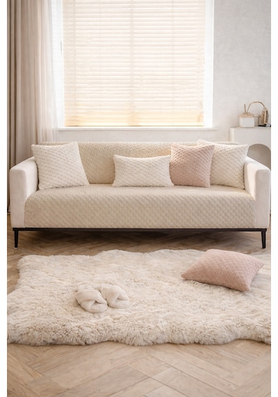 Soft Kürklü Koltuk Örtüsü 170x215 Cm Yumuşak Peluş Kaymaz Taban Kanepe Örtüsü Bej