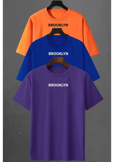 Brooklyn Baskılı Unisex Oversize 3'lü T-shirt Paketi Turuncu