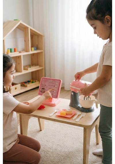 Kutulu Işıklı Oyuncak Kahve Makinesi Ve Mikser Set Pembe