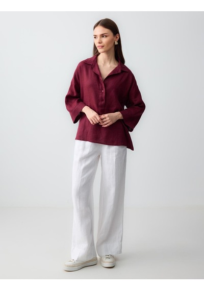 Jimmy Key Jimmy Key Bordo %100 Keten Rahat Kesim Truvakar Kol Gömlek Yaka Bluz 6sw036632562