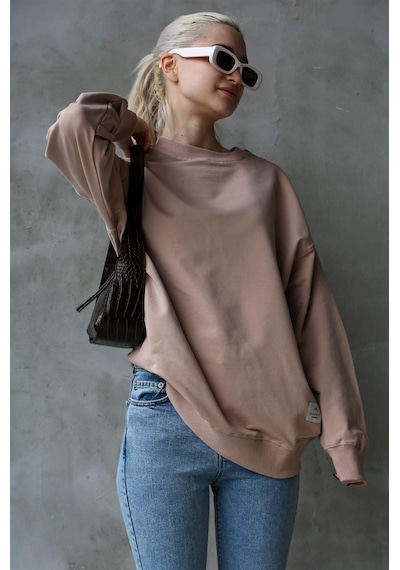 Madmext Pudra Basic Oversize Kadın Sweatshirt Mg1686 Pudra