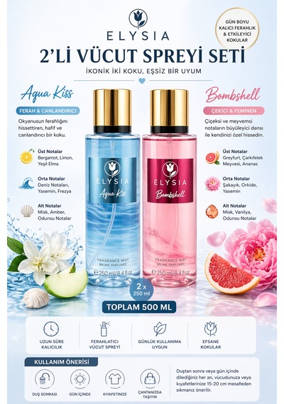 Elysıa Aqua Kiss & Bomshell Vücut Spreyi Seti 2x250 Ml 500 Ml Çiçeksi Meyvemsi Kadın Parfüm Mist