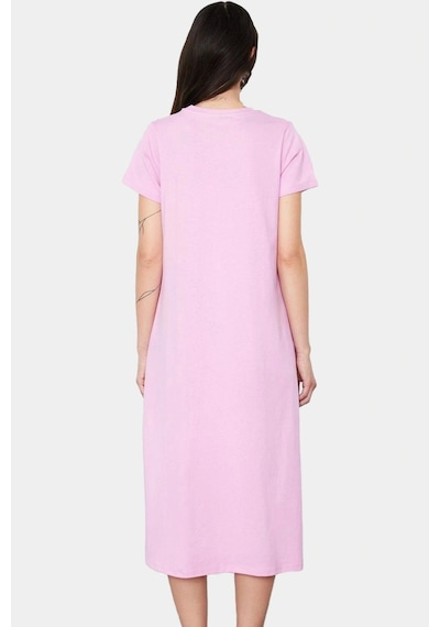 Ersefa Nefes Alan Pamuklu T Shirt Elbise Midi Boy Cep Detaylı Modern Sti Pembe