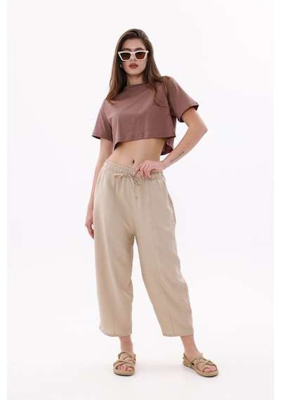 Genius Store Kadın Şalvar Cepli Ayrobin Şalvar Pantolon Ayarlanabilir Beli Lastikli Pantolon Kadın-şalvar Bej
