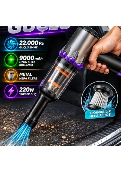 220w Turbo Güçlü Kablosuz Oto Süpürgesi 22.000 Pa Metal Hepa Filtreli 9000 Mah