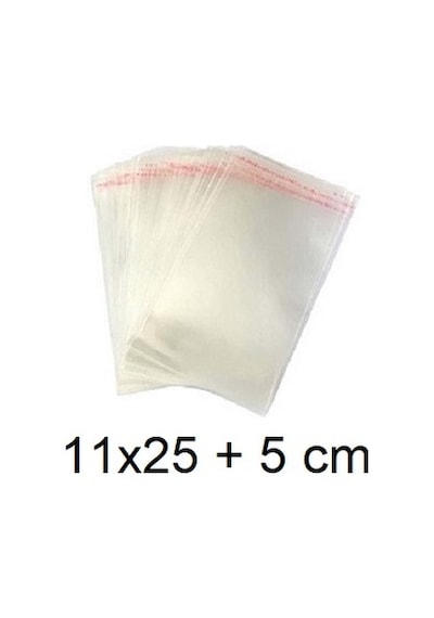 Bantlı Şeffaf Jelatin Torba Yapışkanlı Poşet 100 Adet 11X25 + 5 CM