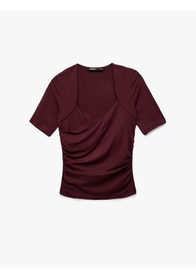 Koton Slim Fit Kısa Kollu Düşük Omuz Kruvaze Bluz Bordo 6wak70023uk Bordo