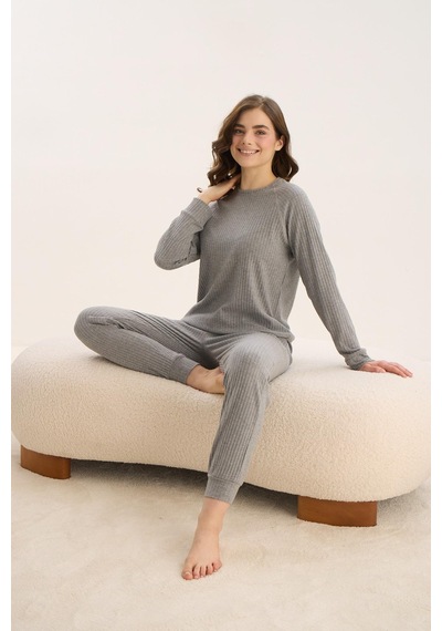 Sevim Kadın Uzun Kol Gri Mlelanj Pijama Takım C3t7n0o61 001