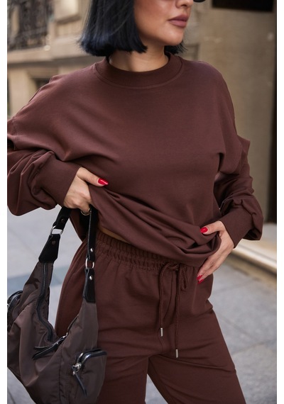 Mezka Regular Fit 2'li Takım Sweatshirt Beli Lastikli Jogger Eşofman Altı Kahverengi