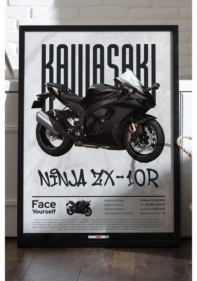 Kawasaki Ninja Zx-10r Siyah Ahşap Çerçeveli Poster, Dekoratif Motosiklet Duvar Tablosu