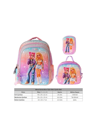 Wow Generation Üçlü İlkokul Okul Çanta Seti - Pembe - Mor - Star Desenli - Kız Çocuk - Setwg-w6033a Çok Renkli