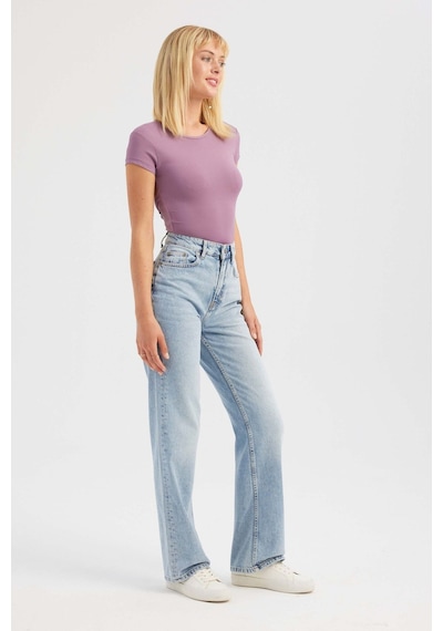Hiccup Yuvarlak Yaka Çapraz Arka Kısa Kollu Crop Top Mor