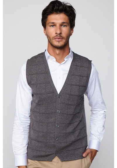 Tudors Slim Fit Kare Desenli Gri Erkek Yelek-29710-Gri