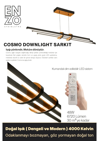Cosmo Bronz Beyaz Işık Lineer Led Sarkıt Avize Kumandalı Dim Edilebilen Aşağı Işık Doğal Işık