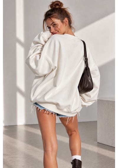 Bb Butik Basic 3 İplik Oversize Salaş Basic Sweatshirt Bisiklet Yaka My3535 beyaz