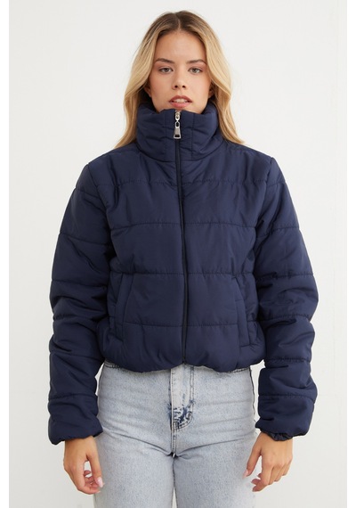 Fullamoda Beli Lastikli Crop Şişme Mont Lacivert