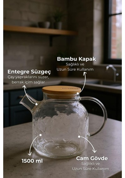 Bambum Juliet - Bambu Kapaklı Cam Demlik 1500ml Şeffaf