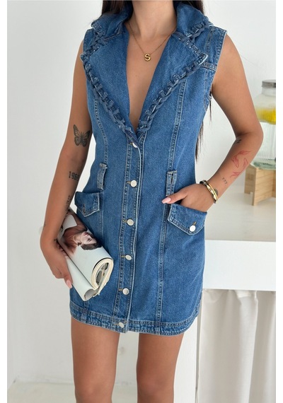 Femelle Kadın Mavi Fırfırlı Yaka Düğmeli Kot Mini Elbise - Cepli Kolsuz Denim Elbise
